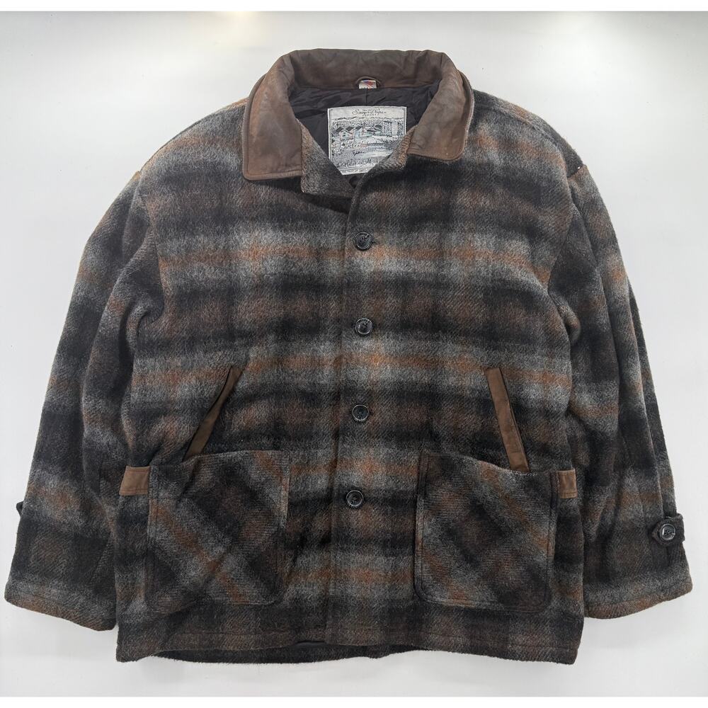 Vintage Y2K Sawyer of Napa Wool Blend Jacket XL USA Made Plaid Leather 90s